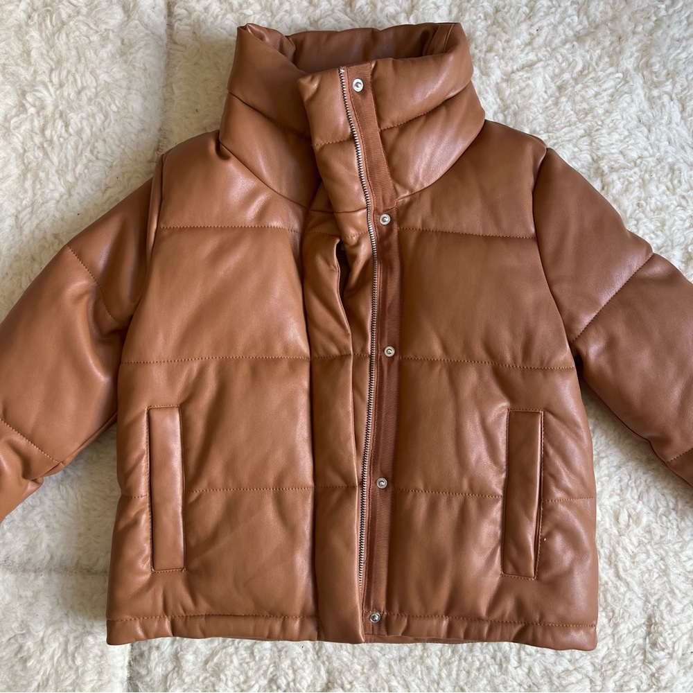 Abercrombie Camel Leather Puffer Bomber Jacket